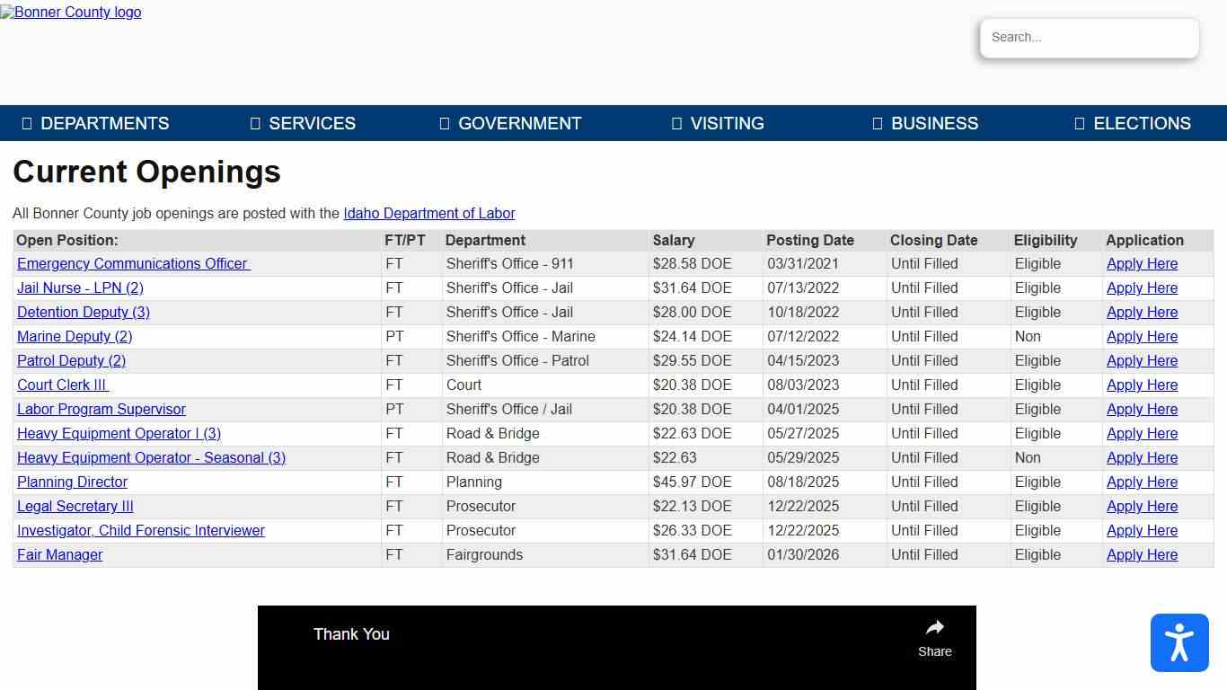 Bonner County Idaho Official Website - Current Openings