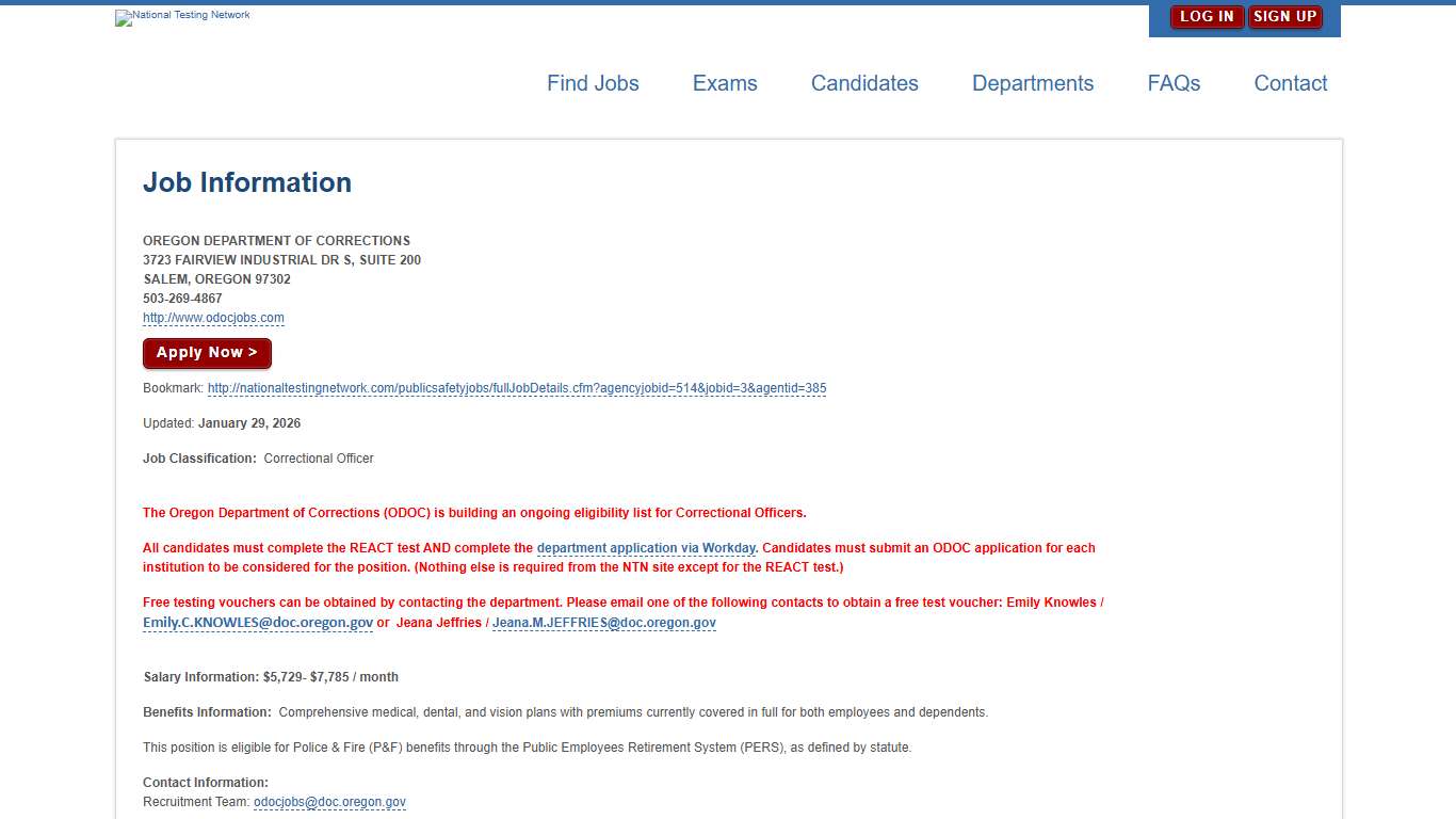 OREGON DEPARTMENT OF CORRECTIONS Job Details National Testing Network