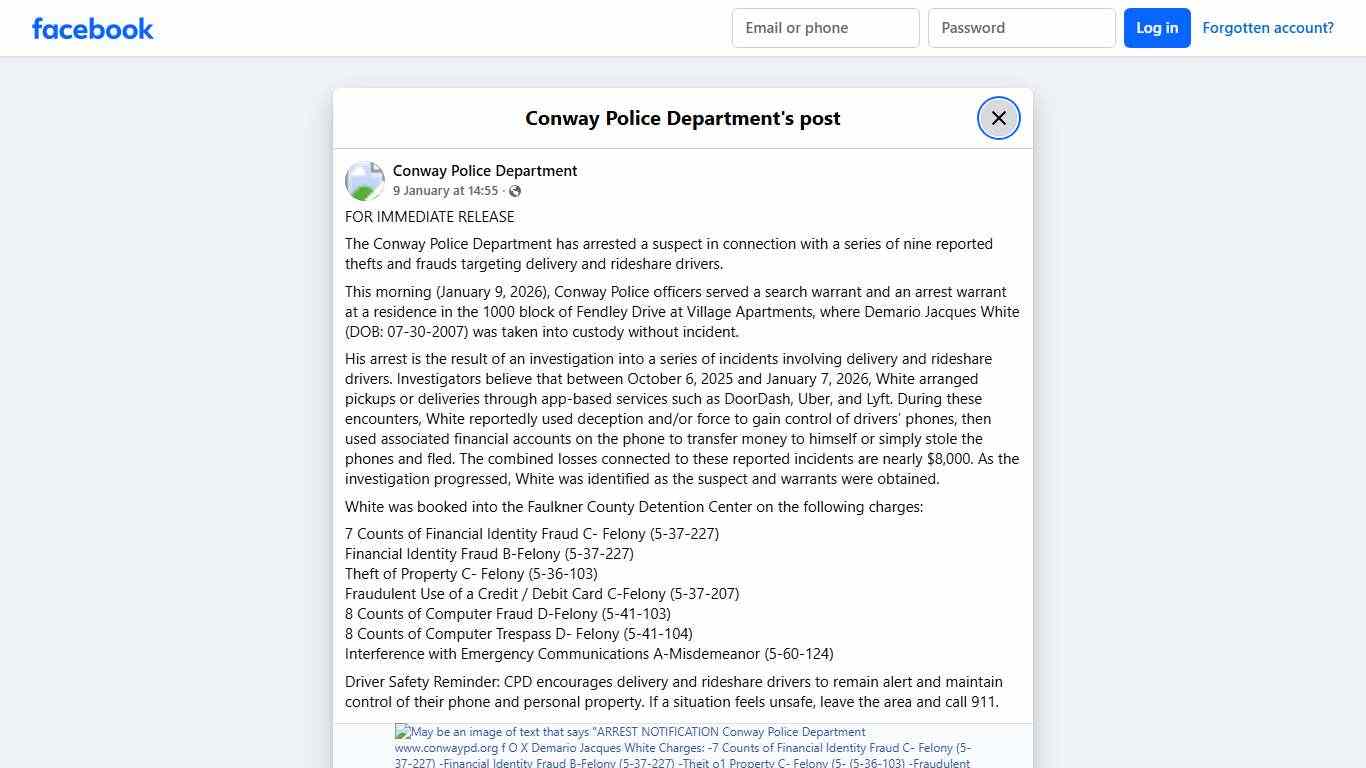 FOR IMMEDIATE RELEASE The... - Conway Police Department Facebook